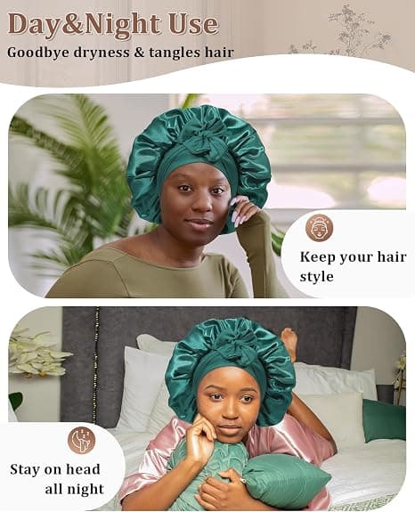Satin Bonnet til Søvn Kvinder Dobbelt Lag Hårhætte med 2 stk. Hårelastikker Elastisk Bånd Nathætter Dark Green+black