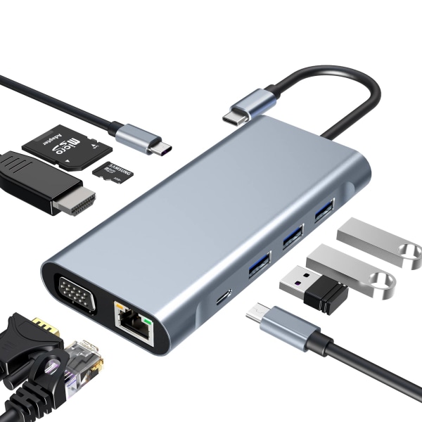 USB C HUB, USB C Adapter 10-i-1, Dockingstation med 4K-HDMI, USB 3.0, SD/TF-kortlæser, Kompatibel med MacBook Pro/Air og andre Type-C-enheder