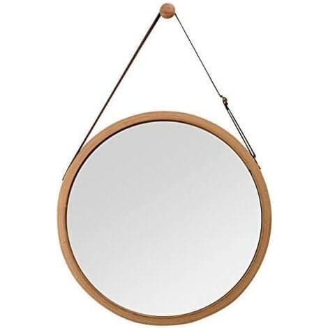 Rund väggspegel i bambu med justerbar läderrem 38 cm, brun, 45 cm