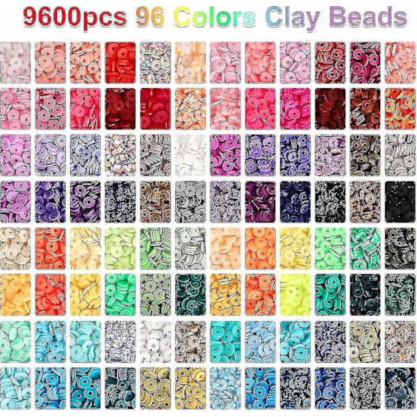 9600 stk Polymerleireperler til smykkeproduksjon, 96 farger Spacer Heishi Perler Flatrunde Polymerleireperler