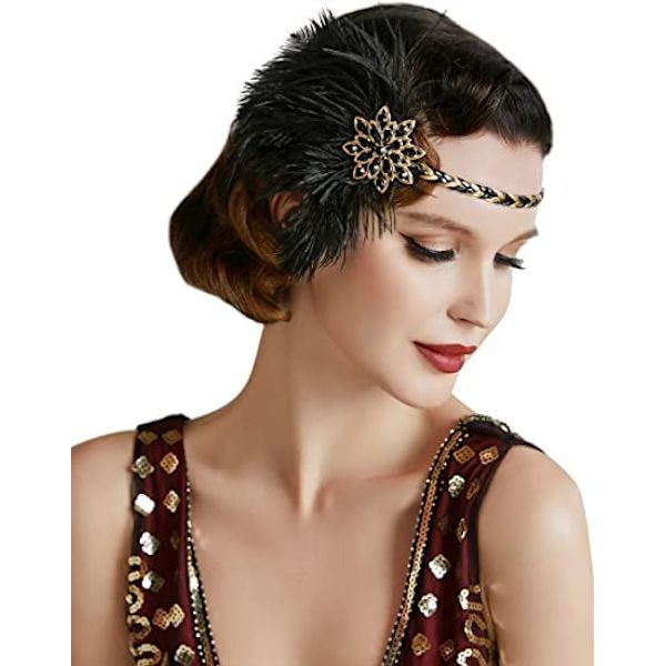1920-luvun vintage-tyyliin sopiva pääpanta, jossa höyheniä, 1920-luvun flapper-tyyliin sopiva päähine, 1920-luvun Great Gatsby -asuun sopivat asusteet, musta ja kultainen