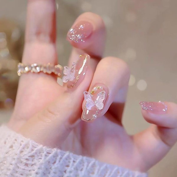 Pink print på negle mellemlange falske negle kiste negle til kvinder med sommerfugle