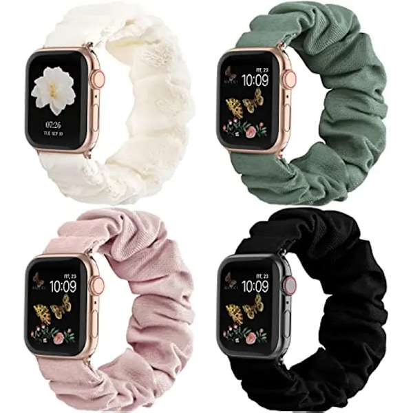 4 kpl Yhteensopiva Apple Watch -rannekkeen kanssa Scrunchie 38mm 40mm 41mm 42mm 44mm 45mm Söpö painettu joustava Solo Loop -ranneke Naisten rannekoru 38/40/41mm