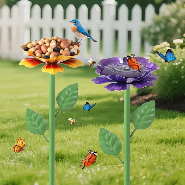 Dobbeltlags Fuglefoderhus Jordspyd — Farverigt Blomstertema Udendørs Have- og Terrassefuglefoderhus Indsats blue