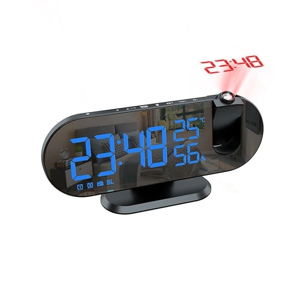 Projektorklocka med radio - Digital klocka - USB -klockradio med dubbel larm och LED-spegeldisplay - 180 vridbar blå