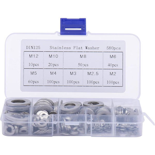 Metallbrikker (580 stykker) med plastboks - 9 forskjellige størrelser av rustfrie stålskiver M2, M2.5, M3, M4, M5, M6, M8, M10 og M12 - Flat skive