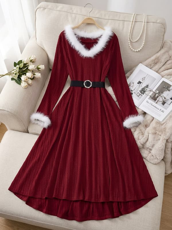 Plus Size Julkväll Swingklänning Långärmad V-ringad Jacquard med Bälte Burgundy 1XL