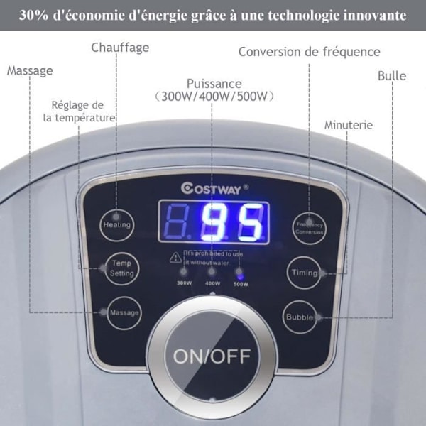 COSTWAY Fotbad med LED-skärm, Snabb uppvärmning 35°C till 48°C, Automatisk massage, Infraröd, Bubbelvibration, Grå