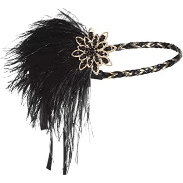 1920-luvun vintage-tyyliin sopiva pääpanta, jossa höyheniä, 1920-luvun flapper-tyyliin sopiva päähine, 1920-luvun Great Gatsby -asuun sopivat asusteet, musta ja kultainen