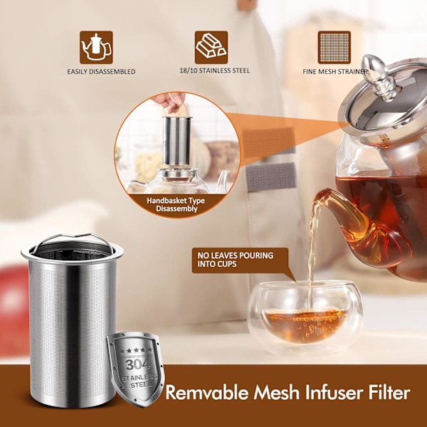 1000 ml glasstekanne med avtakbar infuser, egnet for komfyrtopp