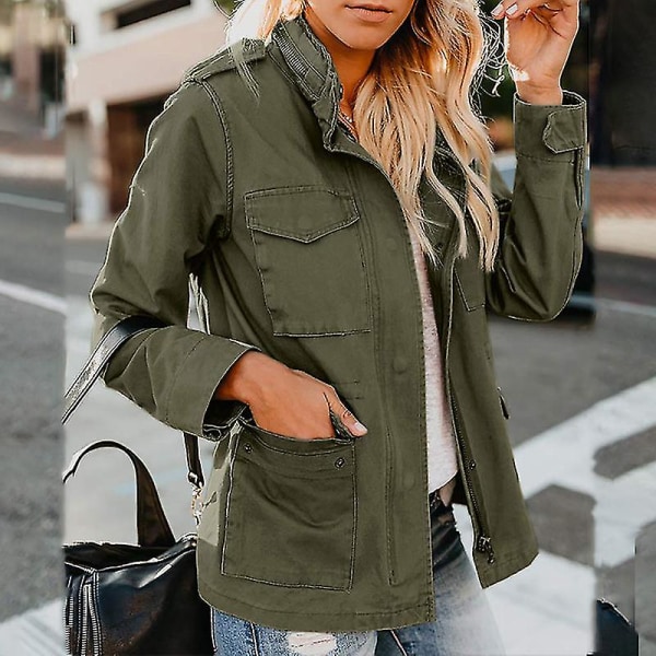 Kvinnors tryckknapp militärjacka streetwear höst kappa lång sl armégrön Army Green 3XL