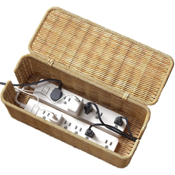 Håndlavet kabelstyringsboks i rattan, kabelordningsboks med låg og 2 åbne slidser til at skjule strømskinner og ledninger og dække gulv-tv-ledninger computer-usb-hub