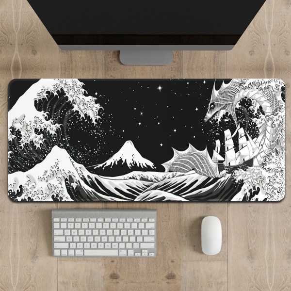 Black and White Japanese Waves Sea Dragon Gaming Mouse Pad Abstract Black Mat 31.5x11.8 Inch Sea Wave Texture Non-Slip R