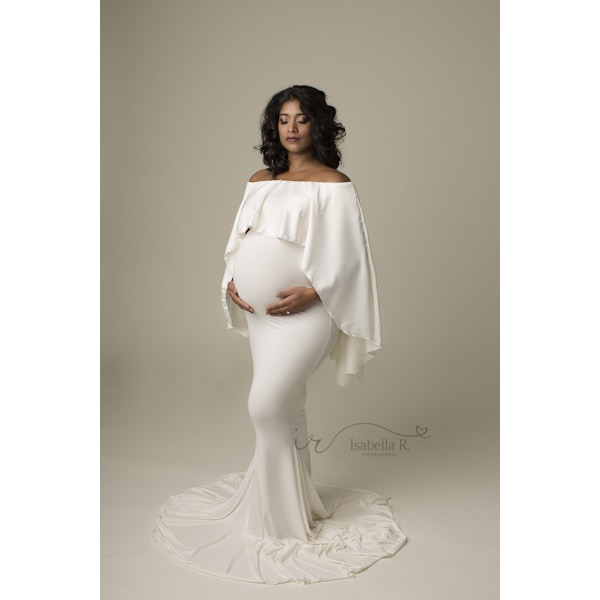 Dam Cape Gravidklänning Baby Shower Slim Fit Lång Maxiklänning Fotograferingsklänning för Fotografering (XL, Vit)