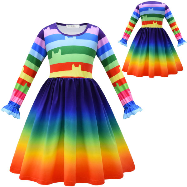 Flickor långärmade klänningar barn bomull regnbåge snurra kläder 110 cm