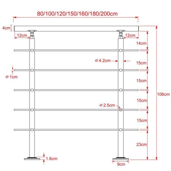 YRHOME 180cm portaiden kaide sisä- ja ulkokäyttöön ruostumattomasta teräksestä valmistettu parvekkeen kaide 5 poikittaisella tangolla