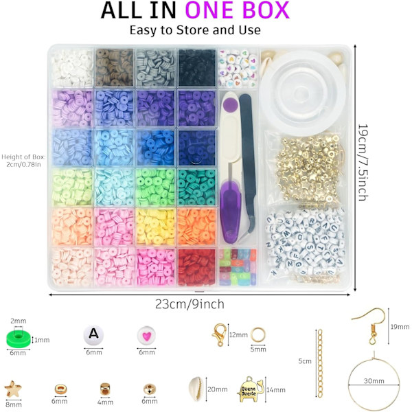 6000 Lerperler Armbåndsfremstillingskit, 24 Farver Flade Preppy Perler, Polymer Lerperler med Charms til Smykkefremstilling, Håndværk Gaver til Piger i Alderen 6-12