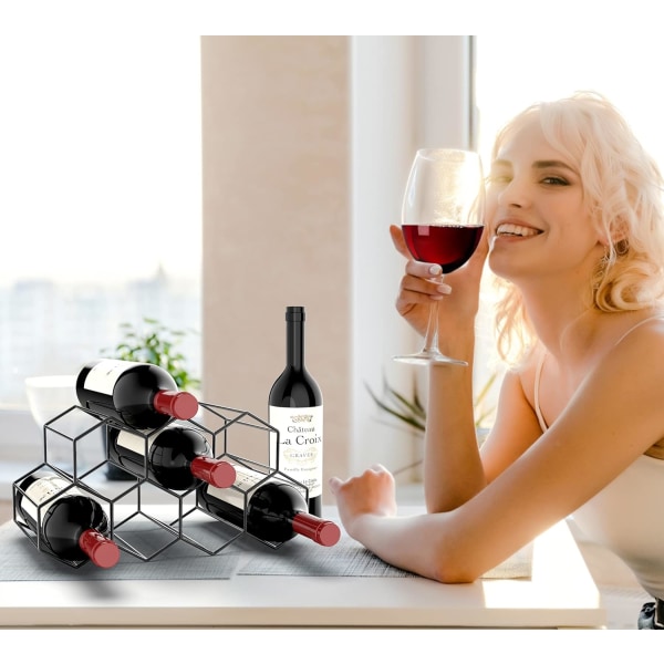 Small Freestanding Countertop Wine Rack - Honeycomb Metal Wine Holder for 9 Bottles, Black, Wine Storage Organizer