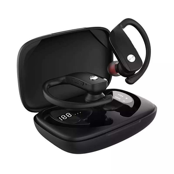Trådlösa hörlurar Bluetooth-hörlurar 48 timmars uppspelningstid Sporthörlurar med LED-display Over-Ear Buds med öronkrokar Inbyggd svart
