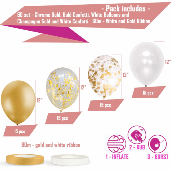 60-pak guld balloner + guld konfetti balloner m/bånd | Guld ballon | Guld latex balloner | Gyldne balloner | Hvide og guld balloner 12 tommer