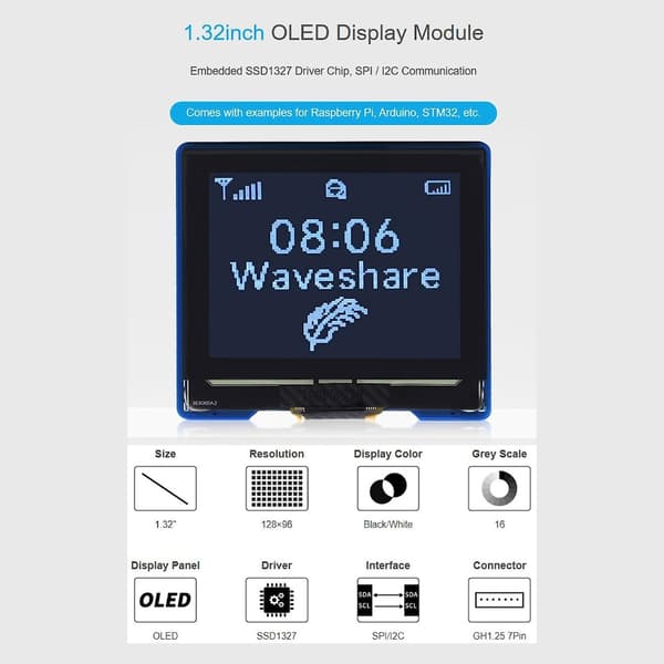 Multifunktionella 1,32 tums OLED-moduler 128x96 Upplösning Display med 4-tråds SPI och I2C-gränssnitt för Ardui/Raspberry/STM32[qb]
