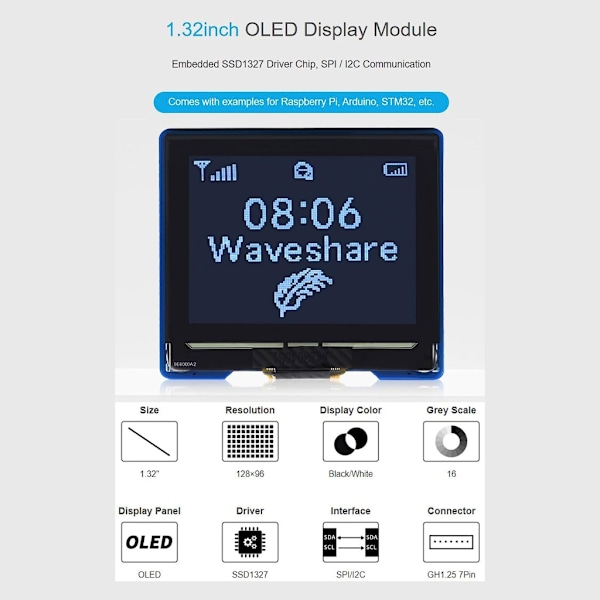 Multifunktionelle 1,32 tommer OLED-moduler 128x96 opløsningsdisplay med 4-leder SPI og I2C-interface til Ardui/Raspberry/STM32[qb]