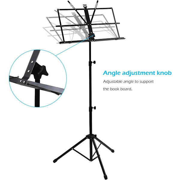 Höjdjusterbart notställ, bärbart hopfällbart metallstativ med väska, lätt att förvara eller resa, svart