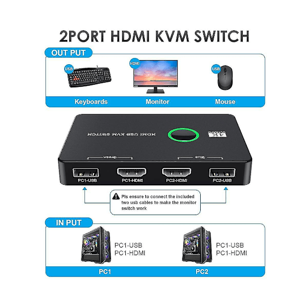 Kvm-kytkin 2 portin laatikko USB ja yhteensopiva kytkin 2 tietokoneelle näppäimistön, hiiren, tulostimen ja Hd Mo:n jakamiseen