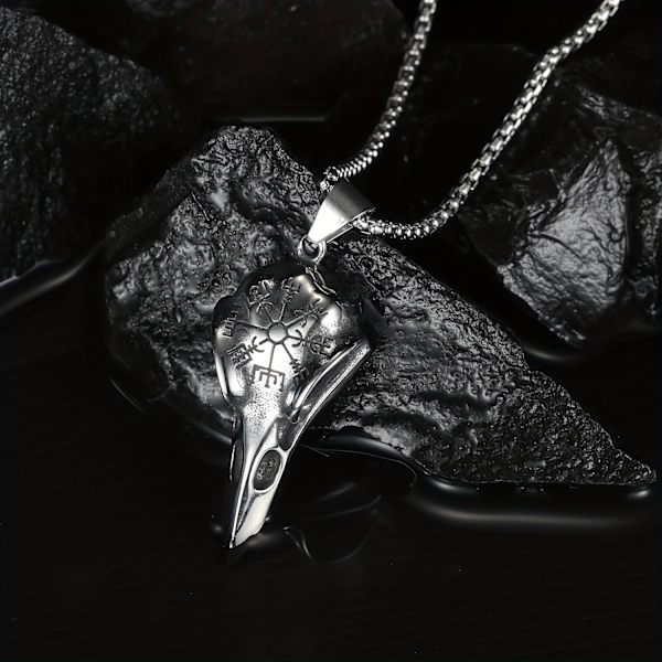 Odins Runamulet, Punk-stil Halsband med Kråkskalhänge för Män, Viking Smycken Silvery