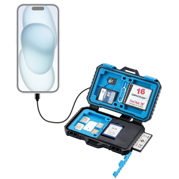 Minneskortsfodral med kortläsare för 22 kort: 1Standard SIM + 2Micro-SIM + 2Nano-SIM + 3CF + 7SD + 6TF + 1CARD PIN