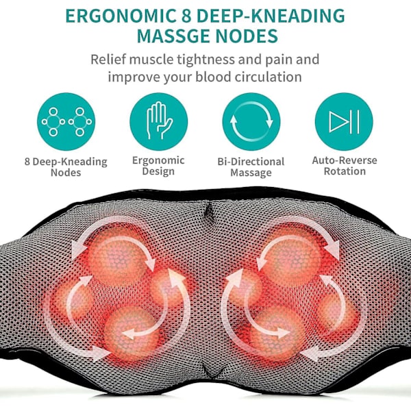 Shiatsu nack- och ryggmassageapparat med lugnande värme, elektrisk djupvävnadsmassage, 3D-knådningsmassagekudde Black