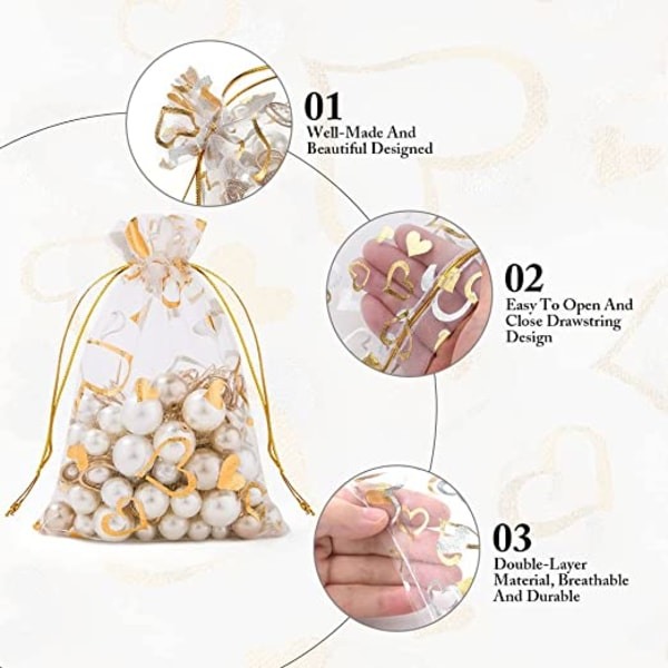105 stk. Organzaposer, 10 x 15 cm Hvidt hjertemønster Organza gaveposer med snøre, Smykkeposer Lavendelposer Slikposer Bryllupsgaver