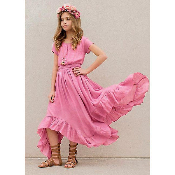 Plus Size Princess Flickor Bomull Spets Fest Tonåringar Långa Klänningar Baby Barn Blomsterflicka Bröllop Födelsedag Barnkläder För 6-14y Rosa Pink 12