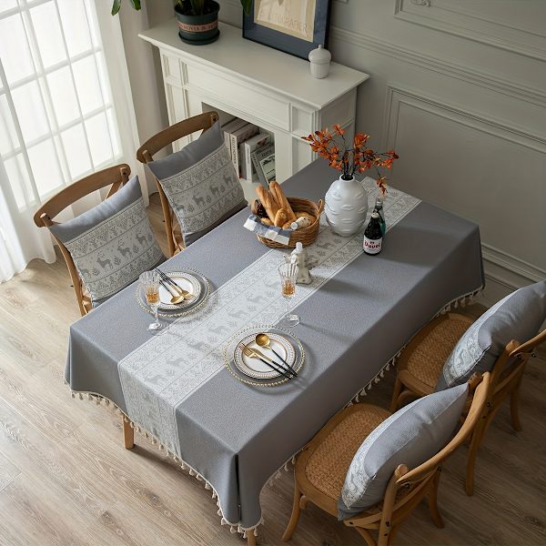 1 st, Viskosservett, God Jul Bordsduk, Enfärgad Hjortmönster Jacquardhantverk Bordsduk, Jul Atmosfärisk Bordslöpare grå grey 140*160