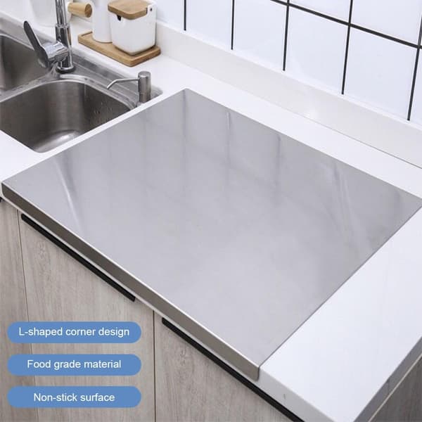 Skärbräda i rostfritt stål för kök med kant, metallbräda för diskho, halkfri bräda för kött, frukt, grönsaker, bröd och bakning (Silver)
