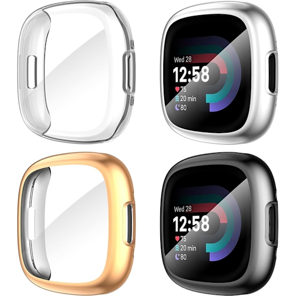 Diruite 4-pak etui til Fitbit Versa 4/Sense 2 skærmbeskytter, HD stødsikker blød TPU fuld beskyttelse skærmbeskytter etui til Fitbit V Black+Silver+Rose Gold+Clear