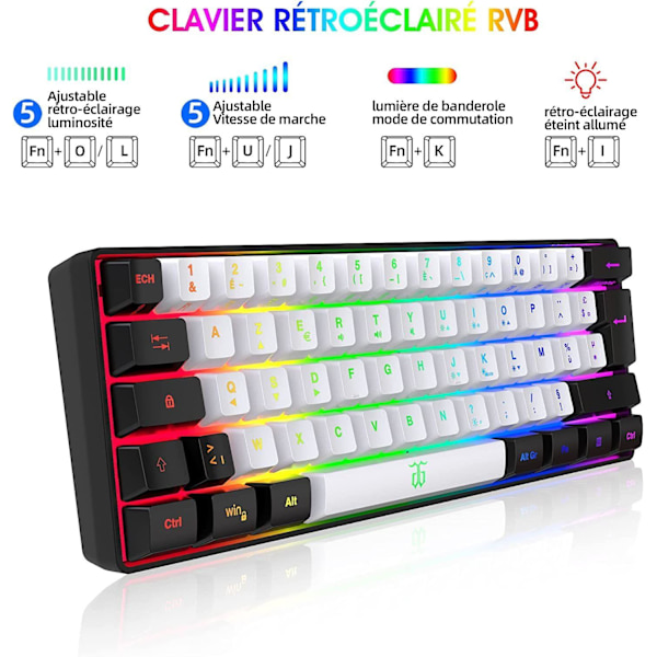 Spilltastatur 60% QWERTY Svart/Hvit Ledningsbasert RGB Bakgrunnsbelyst Spilltastatur med 61 Taster
