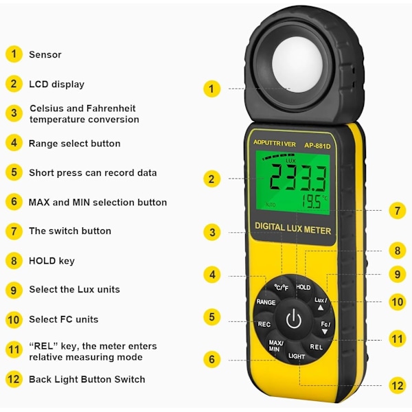 Digitalt lysmåler, rekkevidde opptil 400 000 lux, håndholdt digitalt lysmåler omgivelsestemperatur ISO, ROHS, GMC godkjent