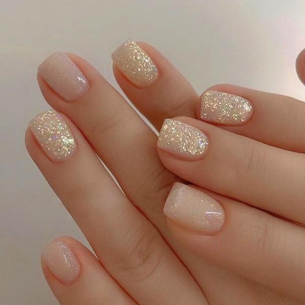 Press on nails short square false nails glitter nude false nails G