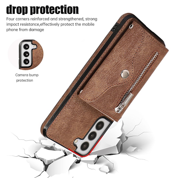 Telefonfodral för Samsung Galaxy S22 5g med stativ, RFID-blockering, kortfodral, PU-läder + TPU-skal Brown