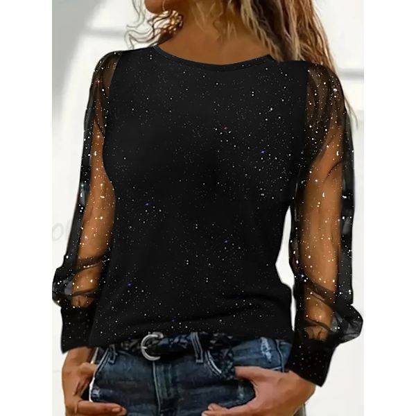 Sequin Mesh Patchwork Top til Kvinder | Langærmet Party Bluse *sort*L black L