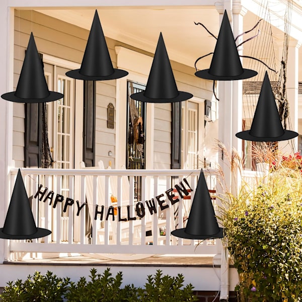 12 stk. Halloween Heksehatte, Sorte Hængende Heksehatte, med 100 m Nylonledning, Troldmandshatte Udendørs Halloween Dekorationer til Hjem, Have, Veranda, Loft