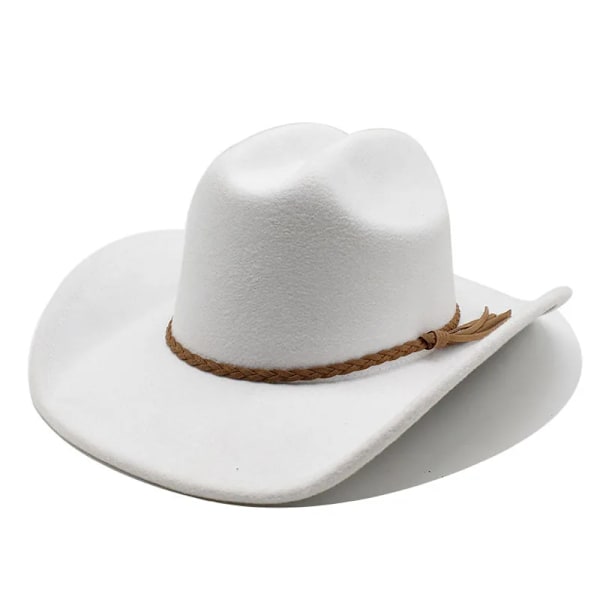 Cowboyhatter for kvinner og menn Western Cowgirl Caps Ull 57 58cm Ensfarget flettet stropper Enkel stil 2023 I NZ0104 White