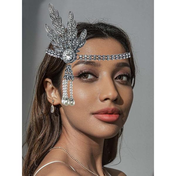 Huvudbonad med blad och strass i 1920-talsstil, pannband med pärlor, Great Gatsby-hårtillbehör för kvinnor och flickor (silver)