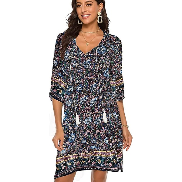 Women's Vintage Ethnic Style Printed Tassel Tie Neck Loose Fit Bohemian Tunic