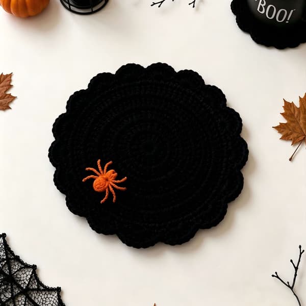 Heklede Halloween-brikker, håndlagde gresskar-spøkelse-monster-garn-drikkebrikker til borddekor White Spiderweb