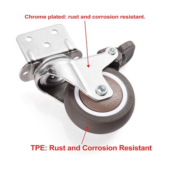 4 stk. 2 tommers svingbare plattformhjul med brems, TPE-hjul, L-formede lydløse hjul for barnesengutskifting, vogner, kjøkkenskap, møbler Brown