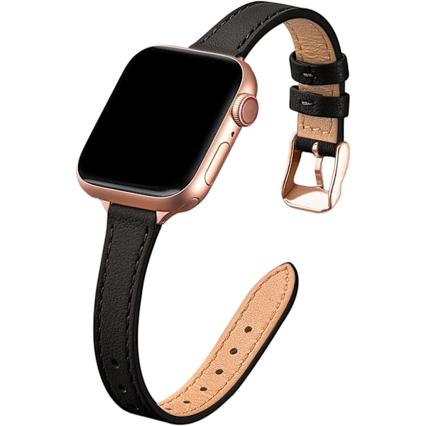 Slanke læderremme kompatible med Apple Watch Band 38 mm sort med rosaguld Black with Rose Gold 42mm/44mm/45mm/49mm