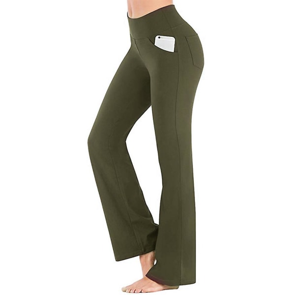 Kvinners ensfargede elastiske høye midje yoga bukser pustende komfortable full lengde vide ben bukser sommer casual flare bukser grønn Green XL