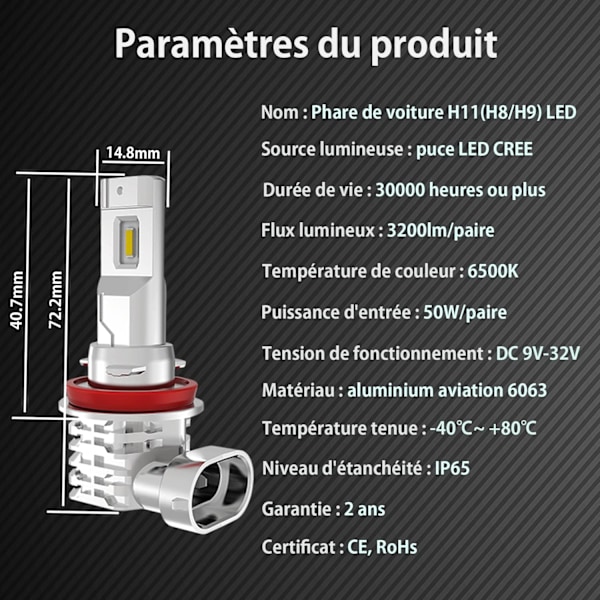 H11/H8/H9 LED-polttimo, 6500K valkoinen autoon 12V-24V ajovalopolttimon vaihto. (2 kpl)